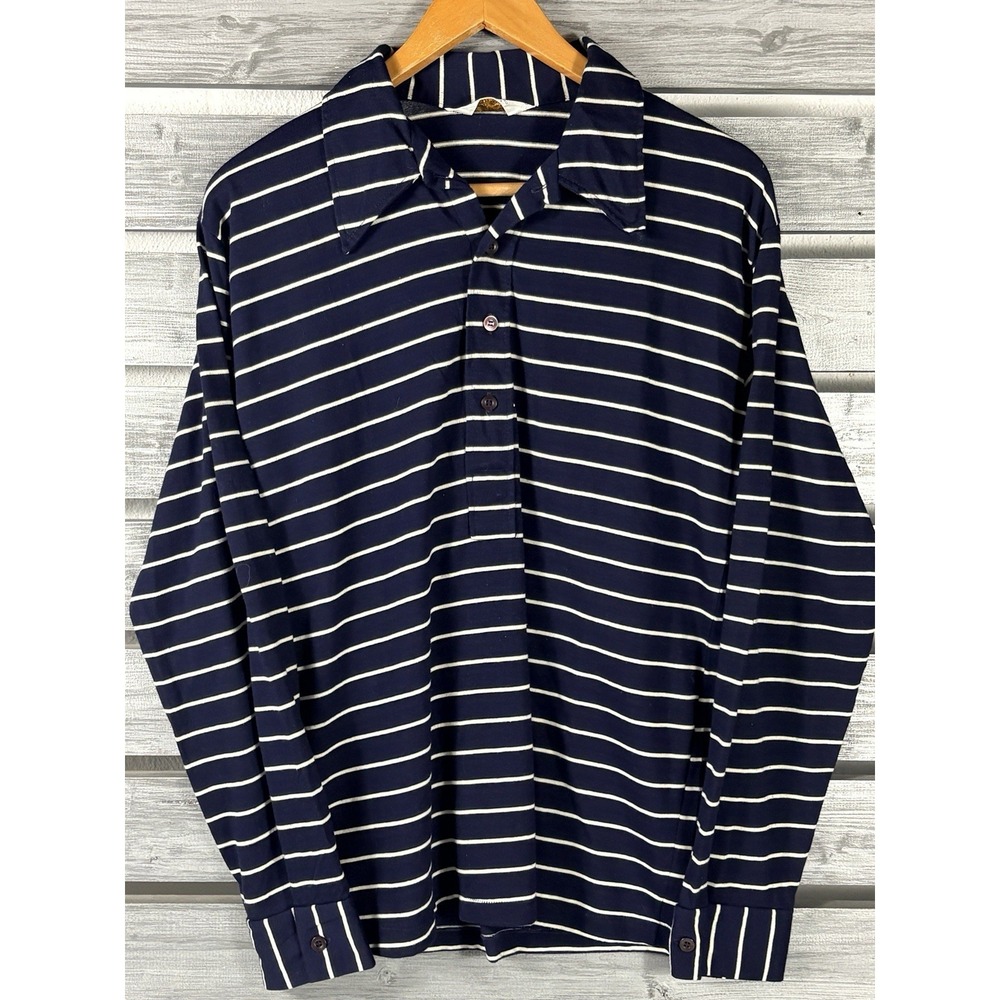 Vintage 70s Campus Polo Shirt Mens M Long Sleeve Single Stitch Big Collar USA